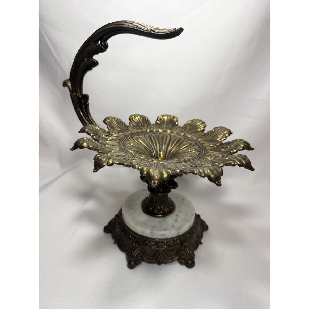 Vintage Fruit Bowl Pedestal Stand Brass/Marble Hollywood Regency Tazza Decor MCM